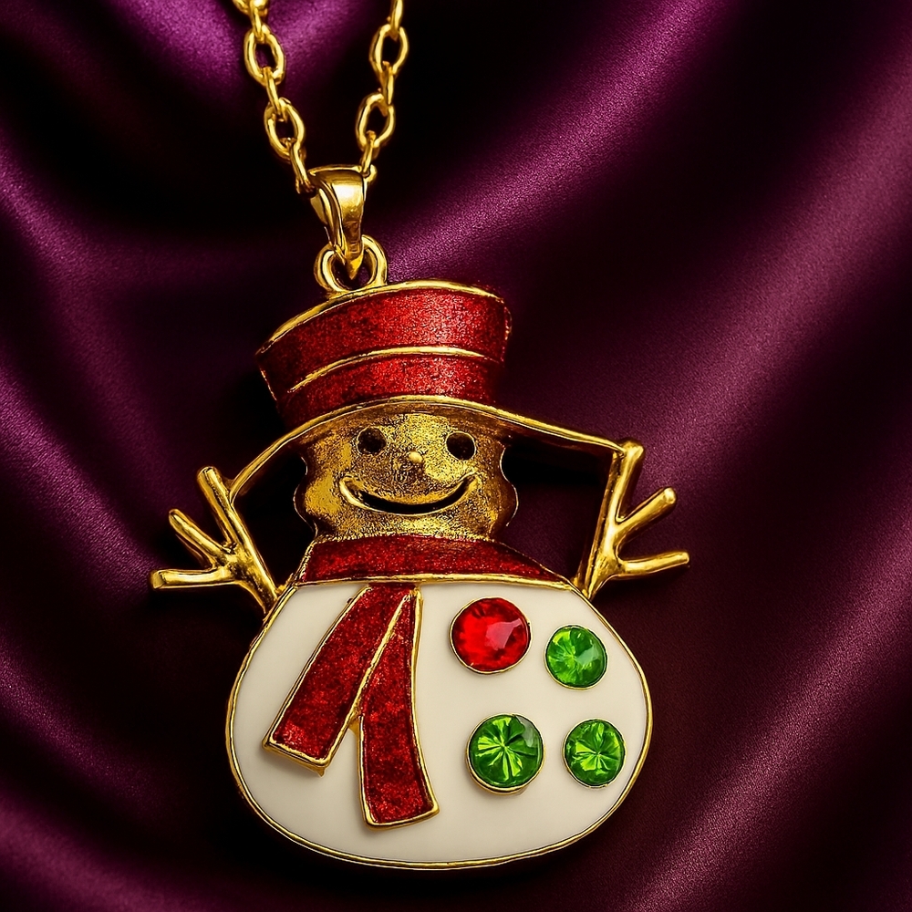 Festive Gold Snowman Necklace – Red Glitter Hat, Scarf & Gemstone Xmas Pendant